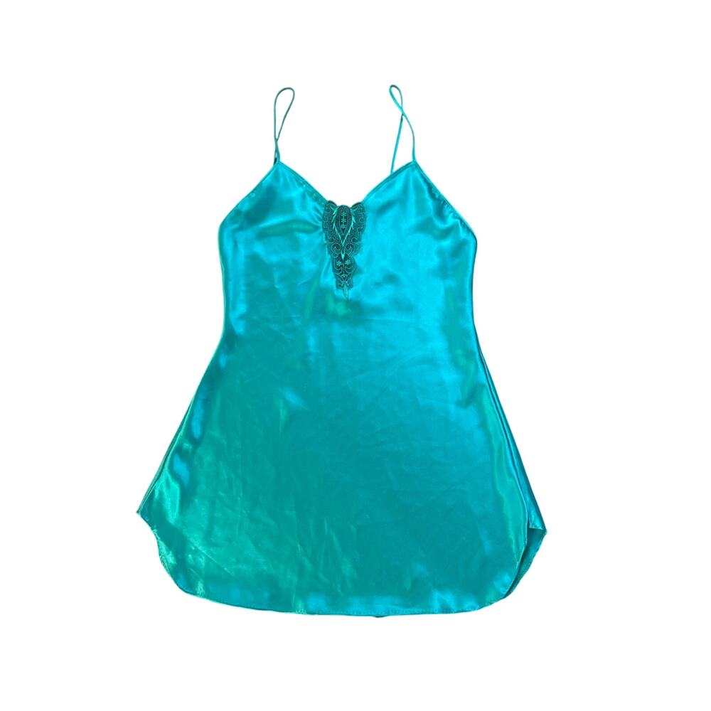 M Beth Michaels Green Satin Lingerie Mini Dress Cami Slip Sexy Christmas Lace